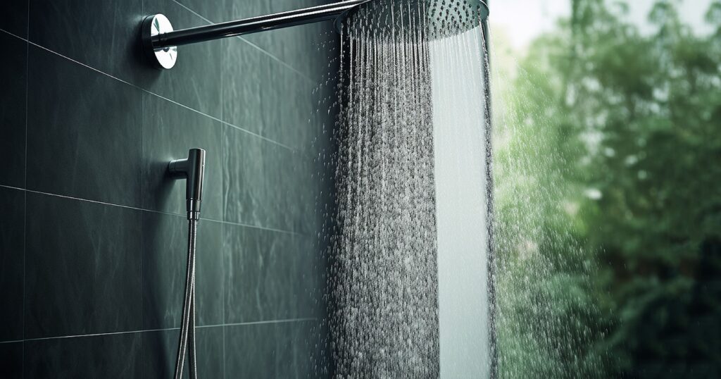 regendusche modernes design wasser das aus der dusche fliesst nahaufnahme eines modernen badezimmers mit verchromter dusche 1 1